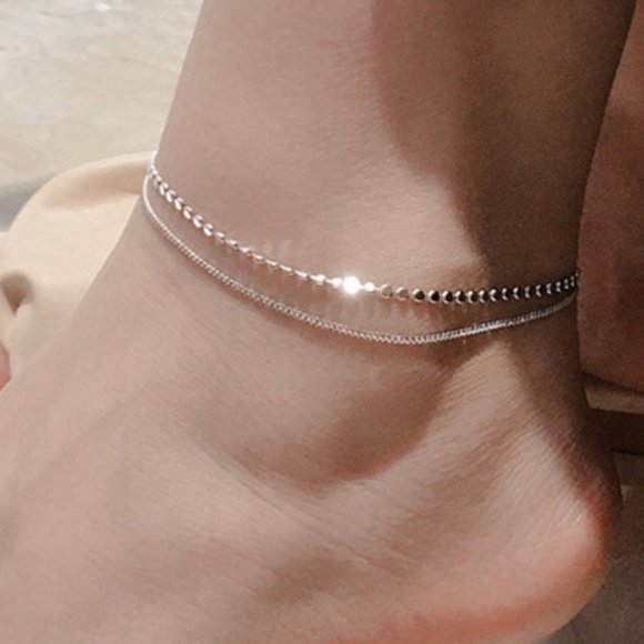 #NEW 925 Sterling Silver Coin Disc Link Chain Double Layer Anklet Ankle Bracelet - Picture 1 of 6